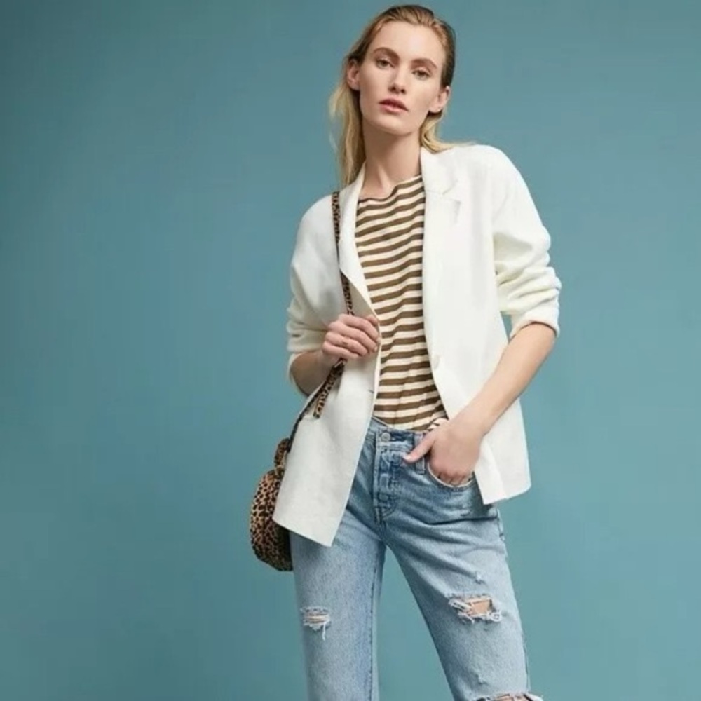 Anthropologie Moth Women's One Button West End Blazer Jacket Long Sleeve White L